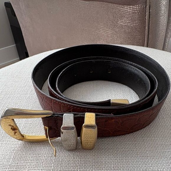 Gianni Versace Men’s Croc Embossed Belt Brown 110/44 Gold & Silver Buckle Italy